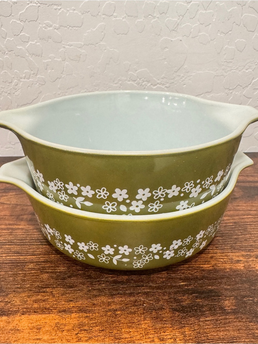 Vintage Pair Pyrex Spring Blossom Crazy Daisy Green Casserole
